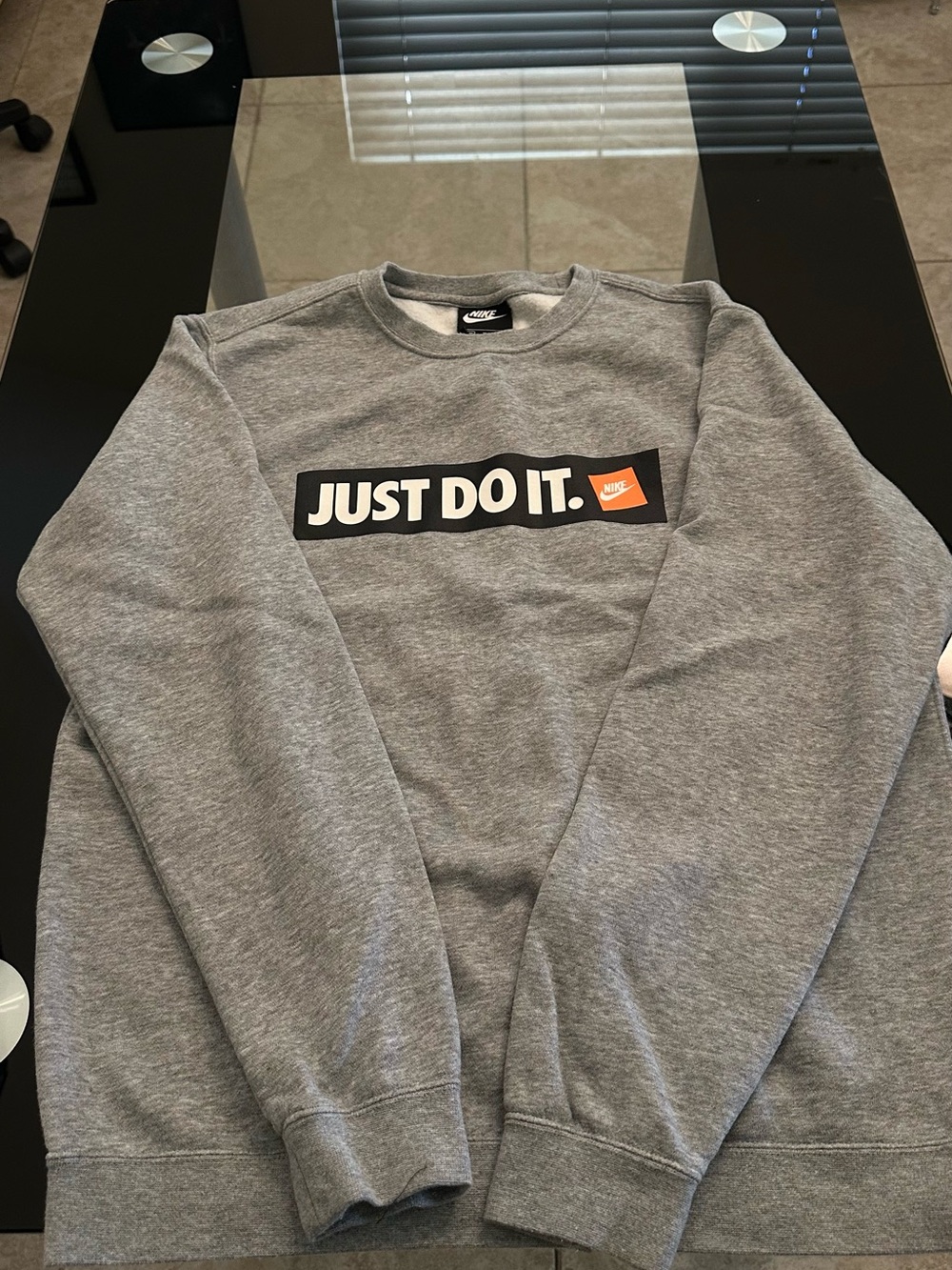 Nike Gray Crewneck Sweatshirt with Black & Orange 'Just Do It.' Logo